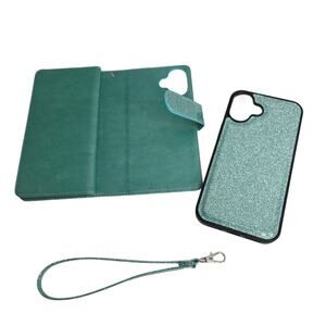 iPhone 16 Plus Turquoise Glitter Phone Case With  Detachable Wallet  Card Holder